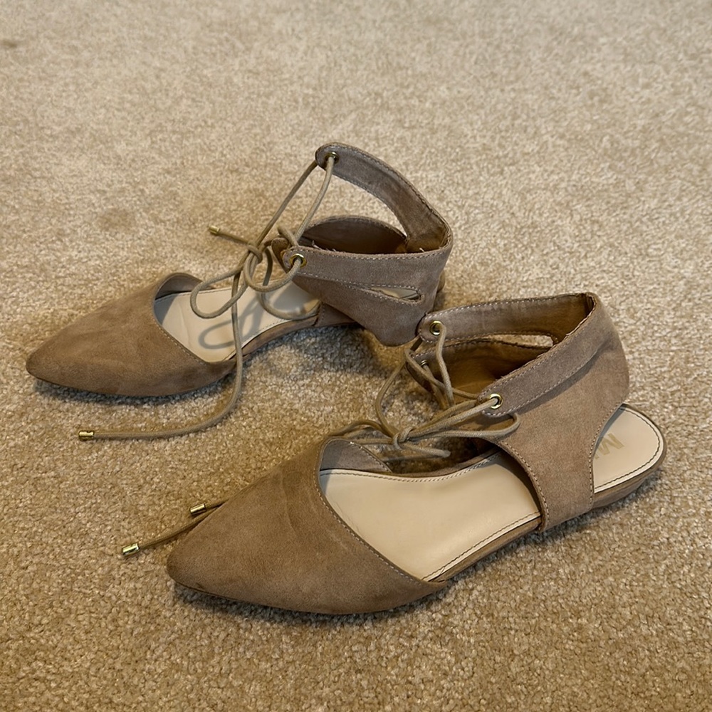Nude lace up pointed toe flats